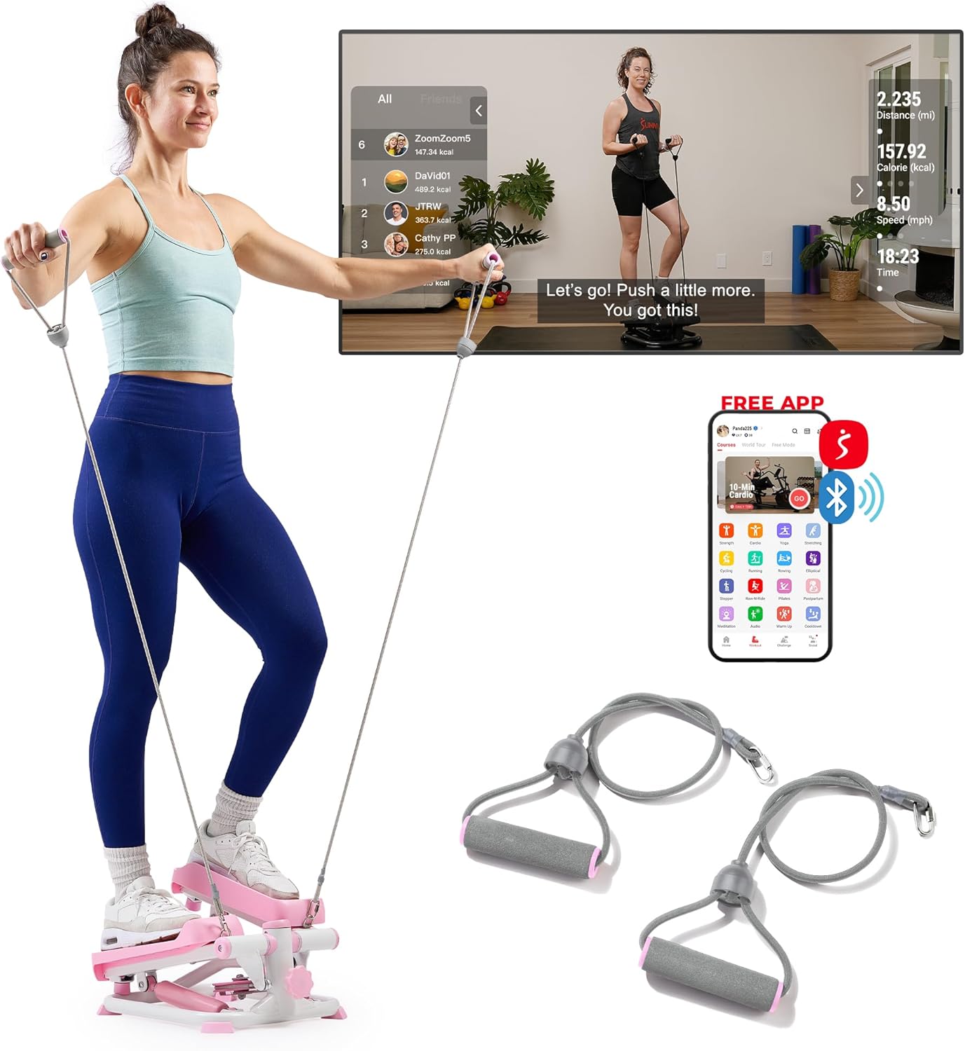 Mini Stepper Exercise Machine – Home Stair Stepper with Resistance Bands, 300lb Capacity & Twist Motion, SunnyFit App