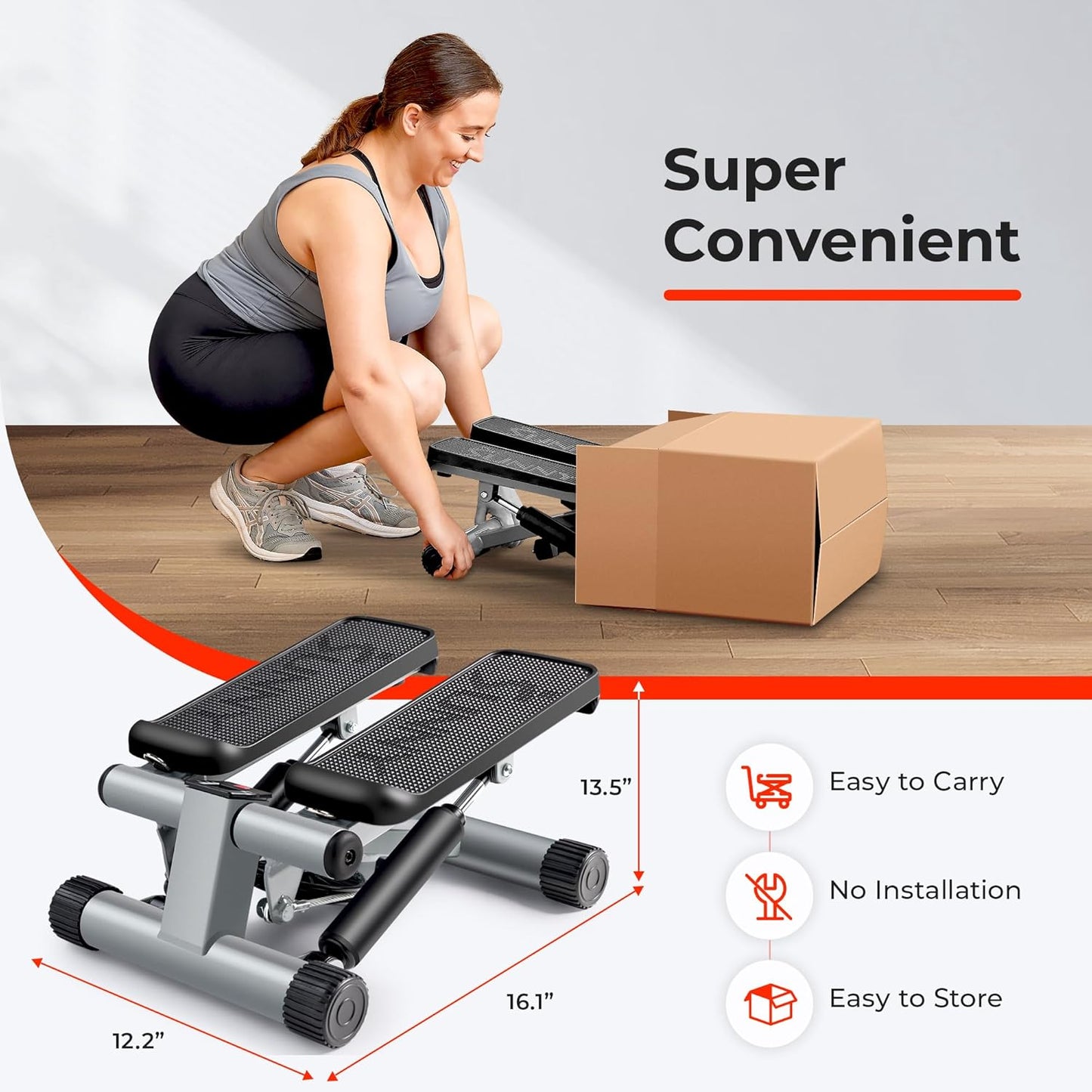 Mini Stepper Exercise Machine – Home Stair Stepper with Resistance Bands, 300lb Capacity & Twist Motion, SunnyFit App