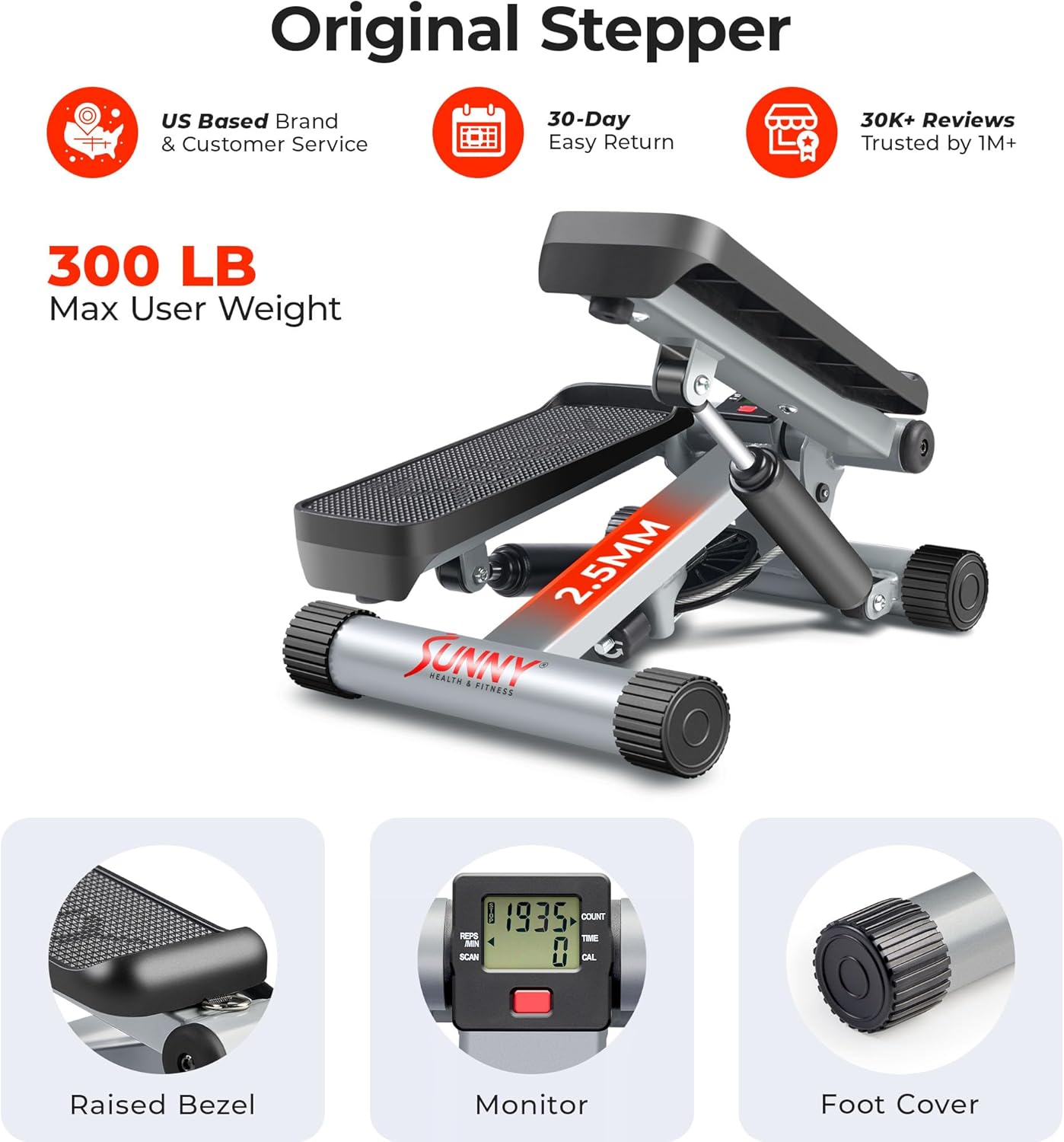 Mini Stepper Exercise Machine – Home Stair Stepper with Resistance Bands, 300lb Capacity & Twist Motion, SunnyFit App