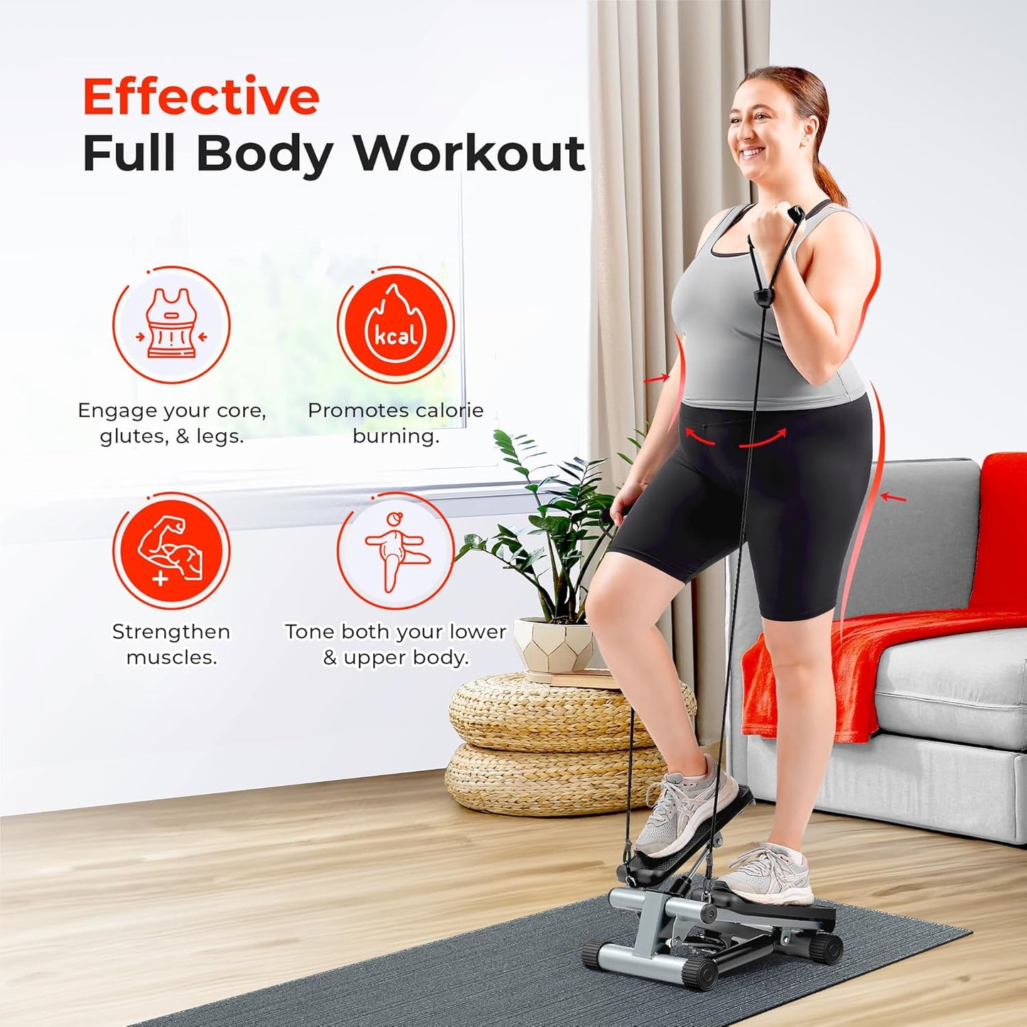 Mini Stepper Exercise Machine – Home Stair Stepper with Resistance Bands, 300lb Capacity & Twist Motion, SunnyFit App